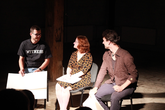 "Dramaturgu cīņas" - scenogrāfs Valters Kristbergs, dramaturģe Aiva Birbele, horeogrāfs Krišjānis Sants // Foto - Kristaps Mozgirs