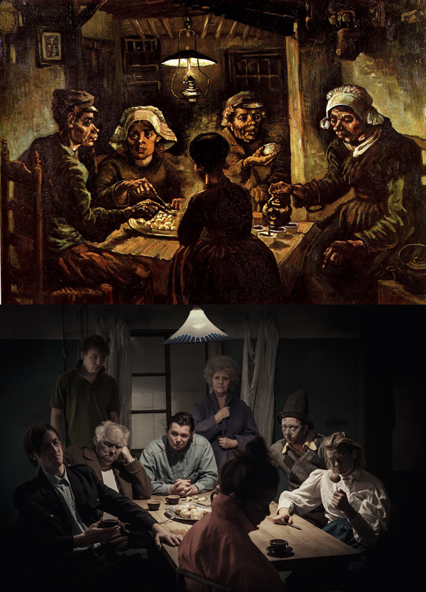 Vinsenta van Goga glezna "Kartupeļēdāji" un "Dirty Deal Teatro" izrādes "Kartupeļēdāji" publicitātes foto (Nils Vilnis)