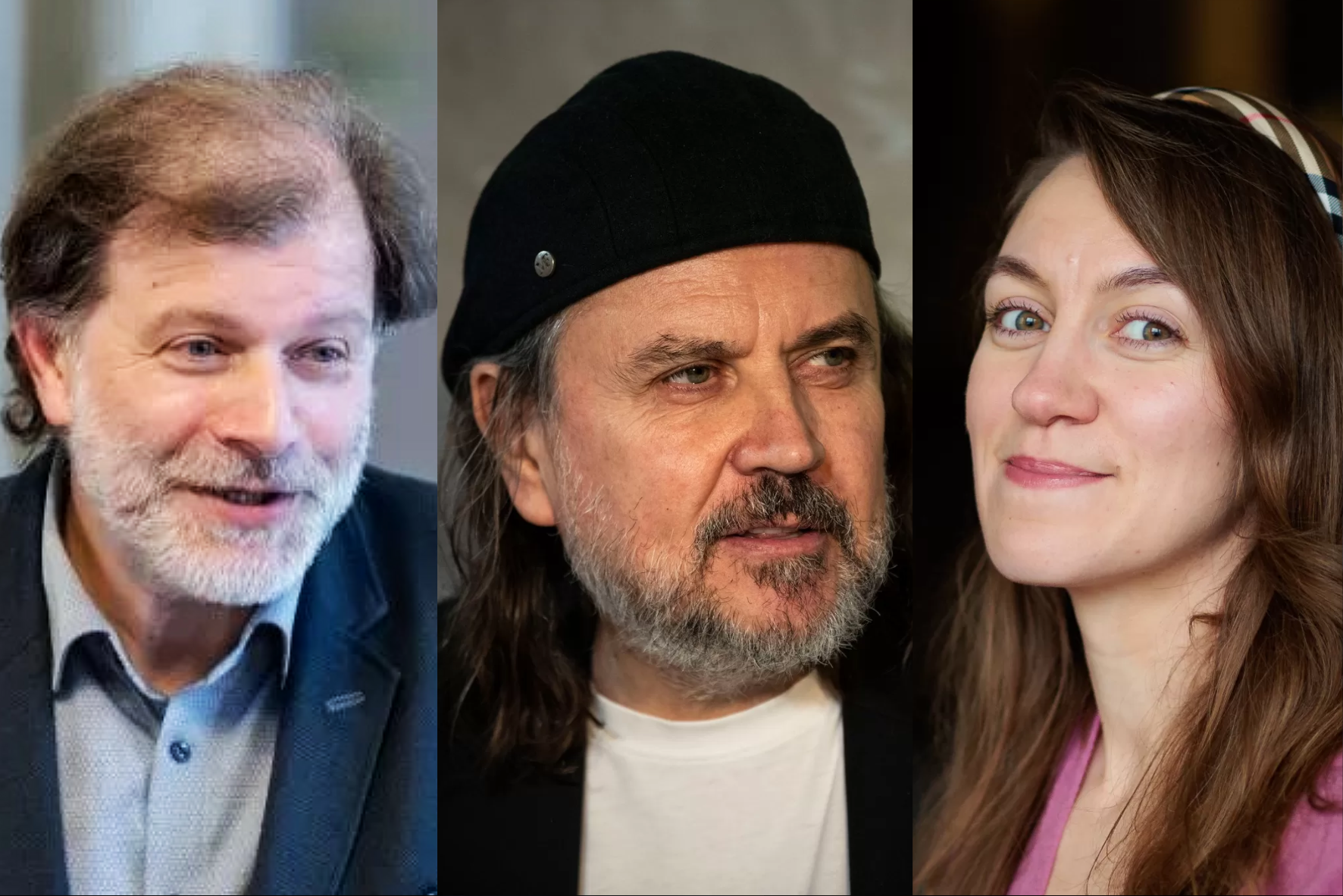 No kreisās: Literatūrzinātnieks, kultūras pētnieks, Viļņas Universitātes docents Dr. Darjus Kolis; režisors Oskars Koršunovs; skatuves mākslu kritiķe Aušra Kaminskaite // Publicitātes foto