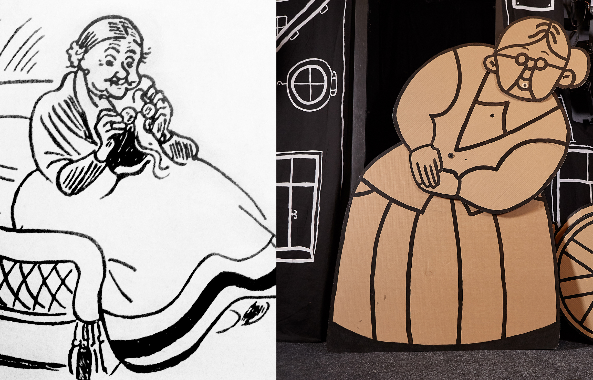 Pa kreisi: Valtera Trīra ilustrācija grāmatai  „Emīls un Berlīnes zēni”. Pa labi: skats no izrādes // Foto – O. Zernovs