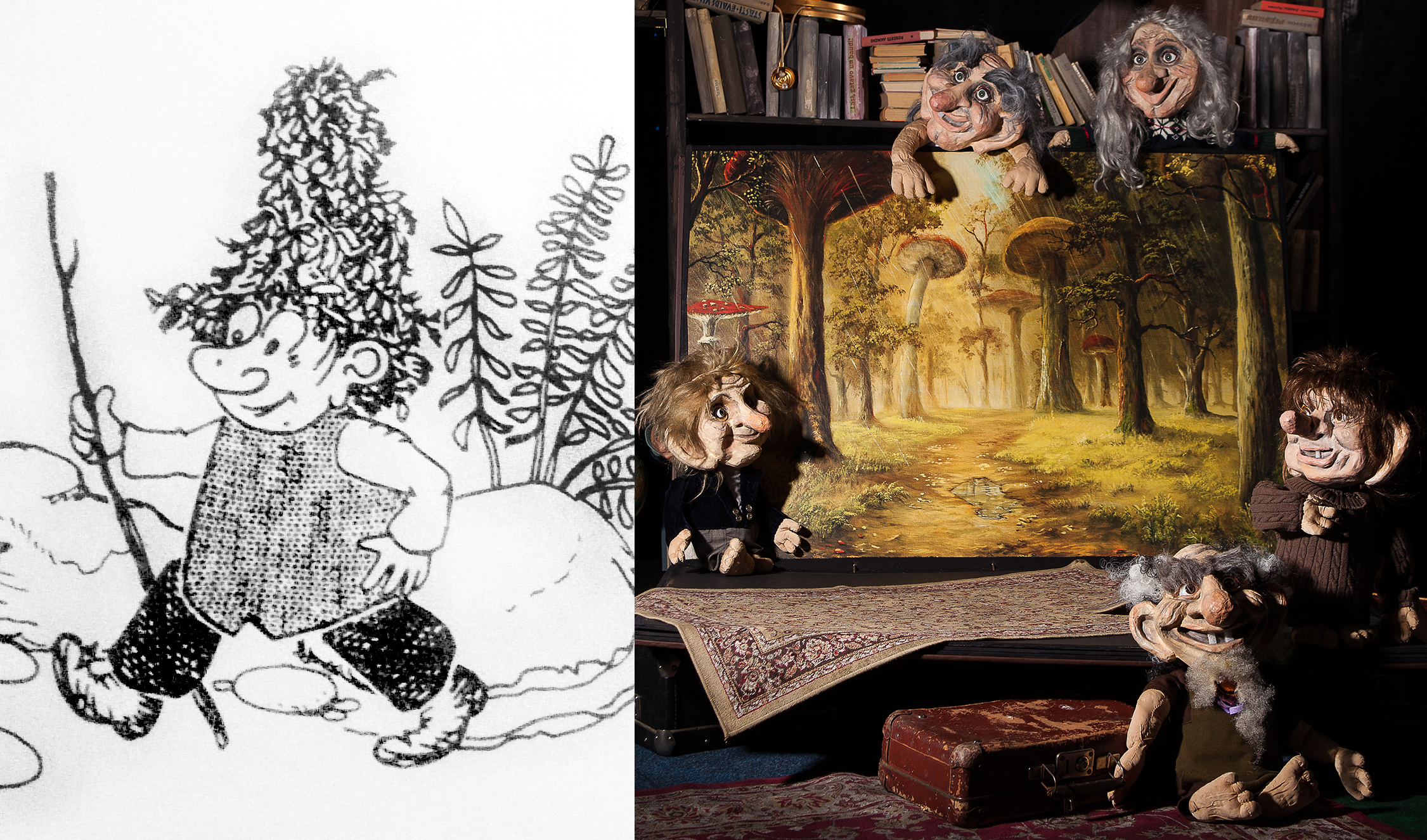 Pa kreisi: Otfrīda Preislera ilustrācija grāmatai „Herbe ar lielo cepuri”. Pa labi: skats no izrādes // Foto – V. Straume