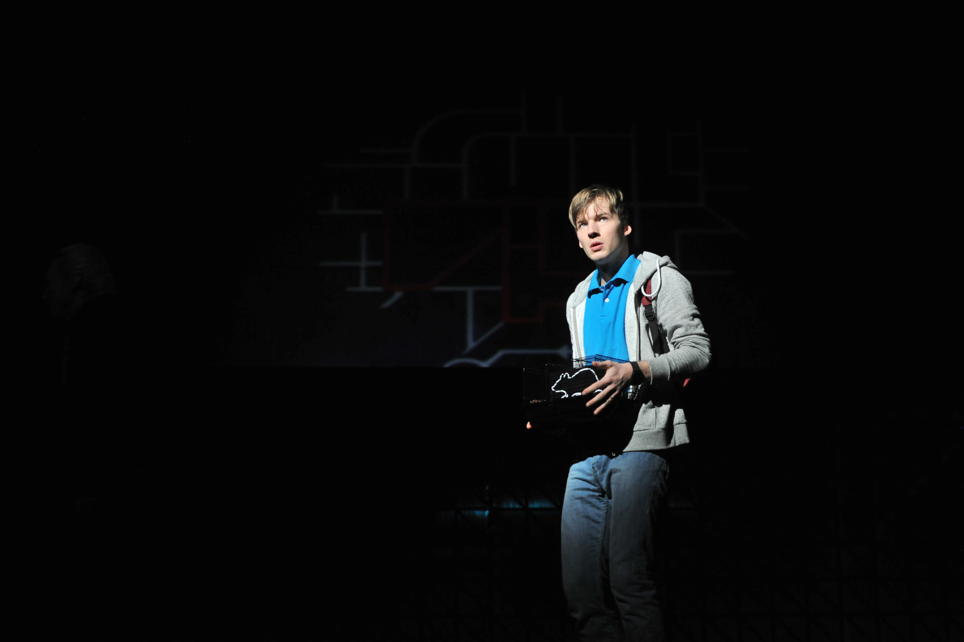 Kārlis Krūmiņš – Kristofers NT izrādē "Savādais atgadījums ar suni naktī" // Foto – Kristaps Kalns