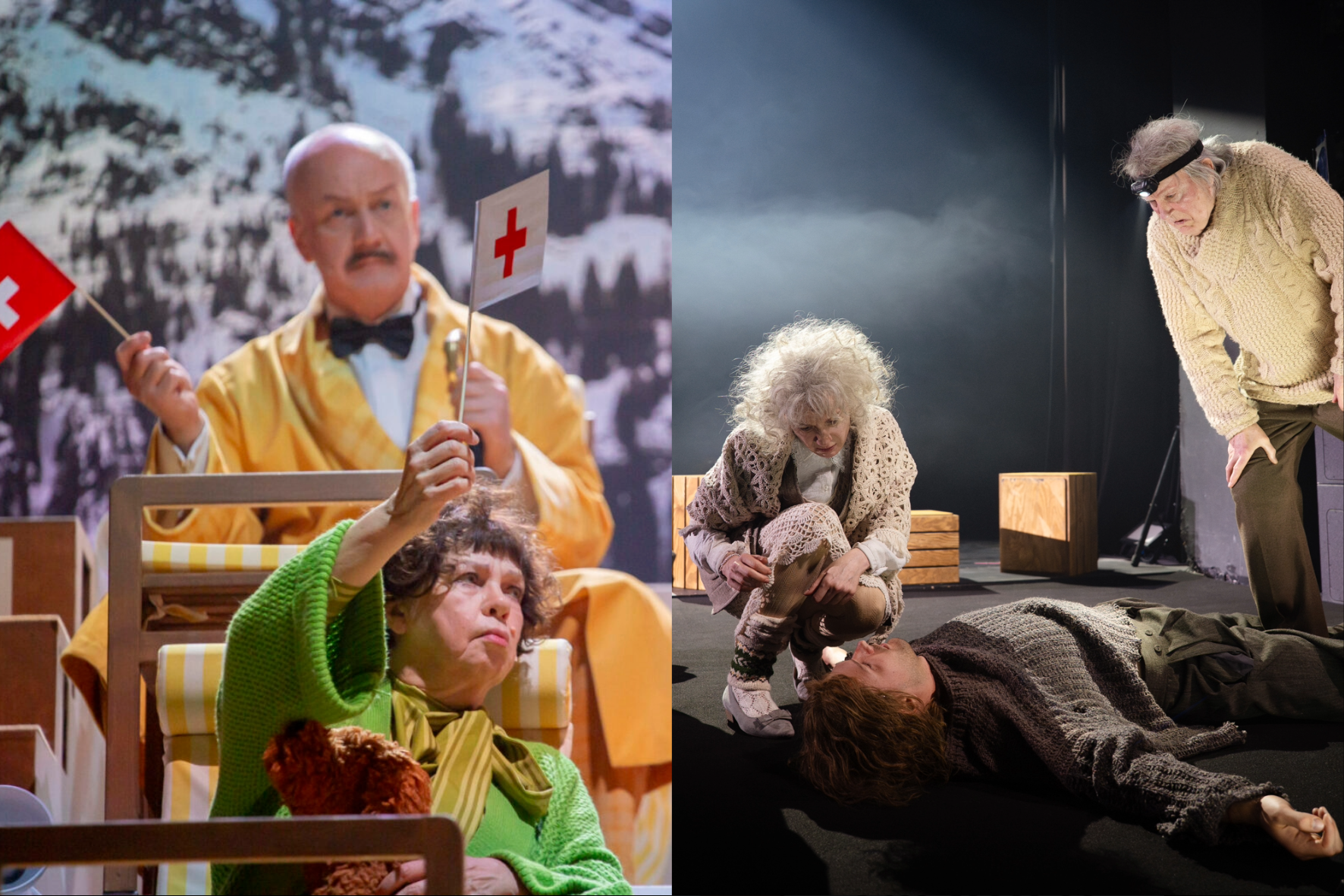 Pa kreisi: skats no Valmieras teātra izrādes "Burvju kalns" (rež. Toms Treinis). Pa labi: skats no Dailes teātra izrādes "Dzen savu arklu pār mirušo kauliem" (rež. Ola Mafālani) // Publicitātes foto