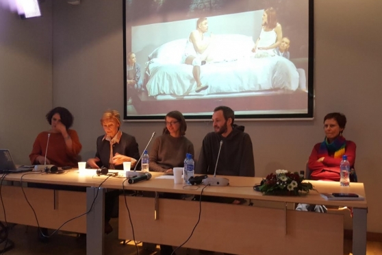 Skats no teātra konferences "Teātris šodien. Savējie un svešie". No kreisās: Inga Rozentāle-Pejū, Tatjana Zelmanova-Dipona, Kristīna Steiblīte, Andrjus Jevsejevs, Kalina Stefanova